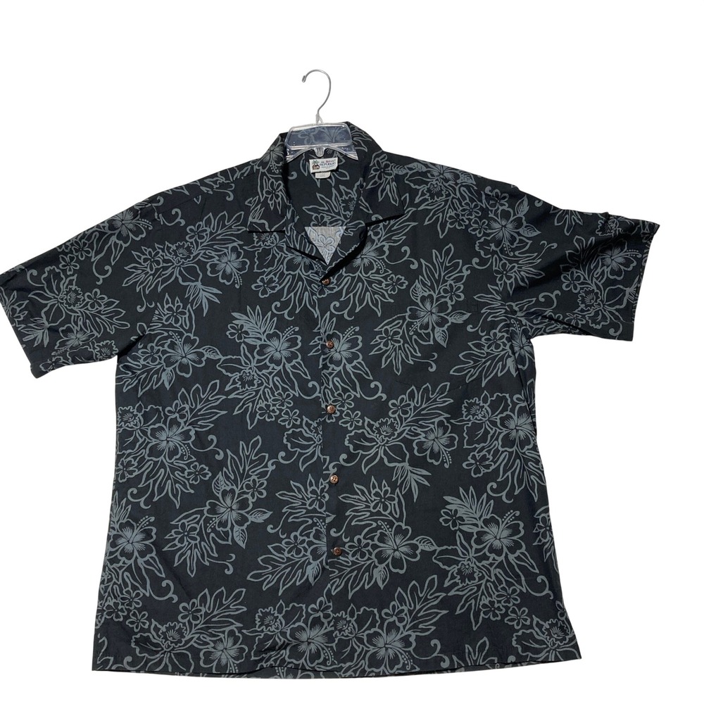 Aloha Republic Mens 2XL Hawaiian Shirt Black Gray Floral Hibiscus Cotton USA
